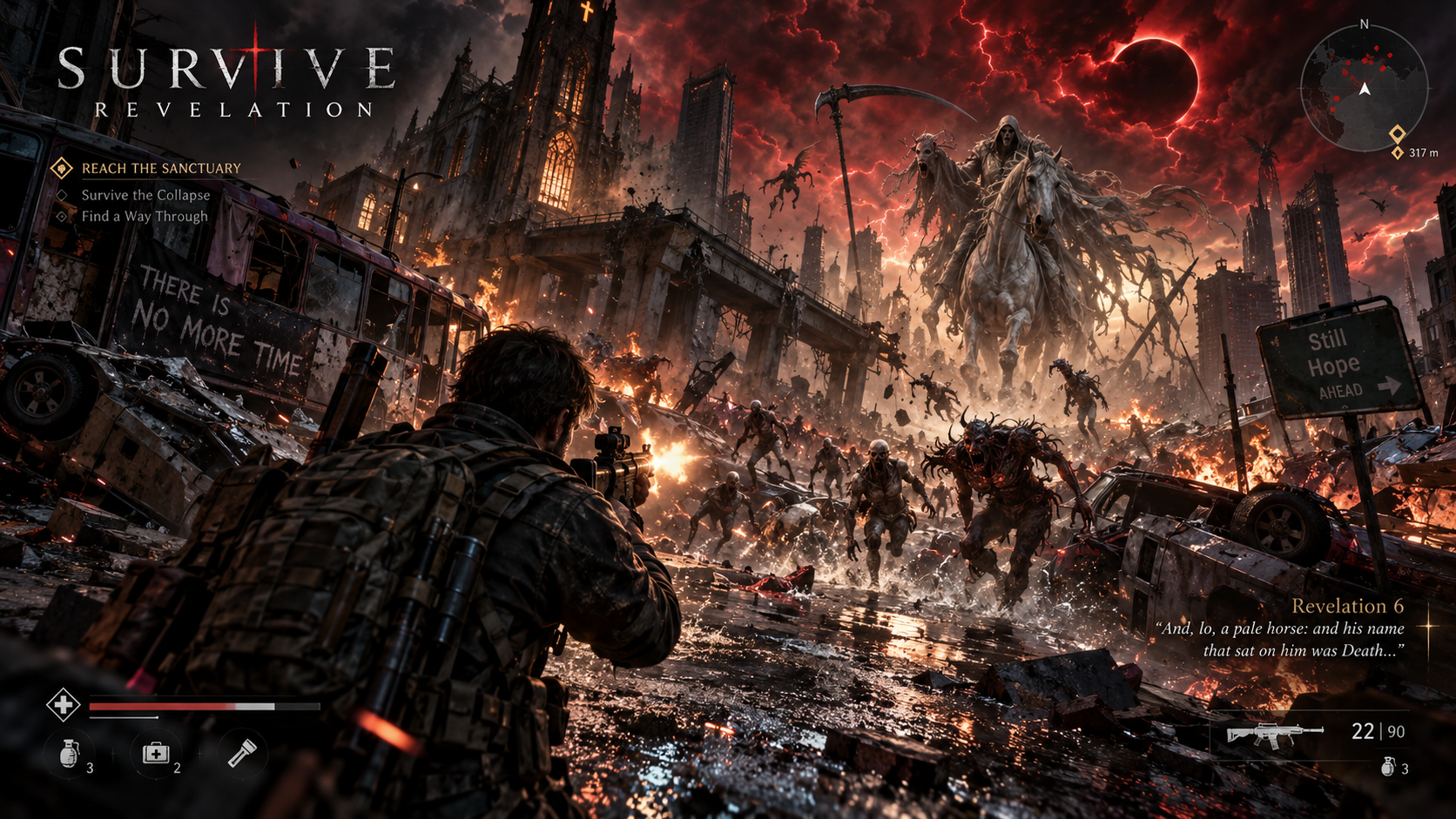 A survivor faces ember-eyed creatures in a burning street