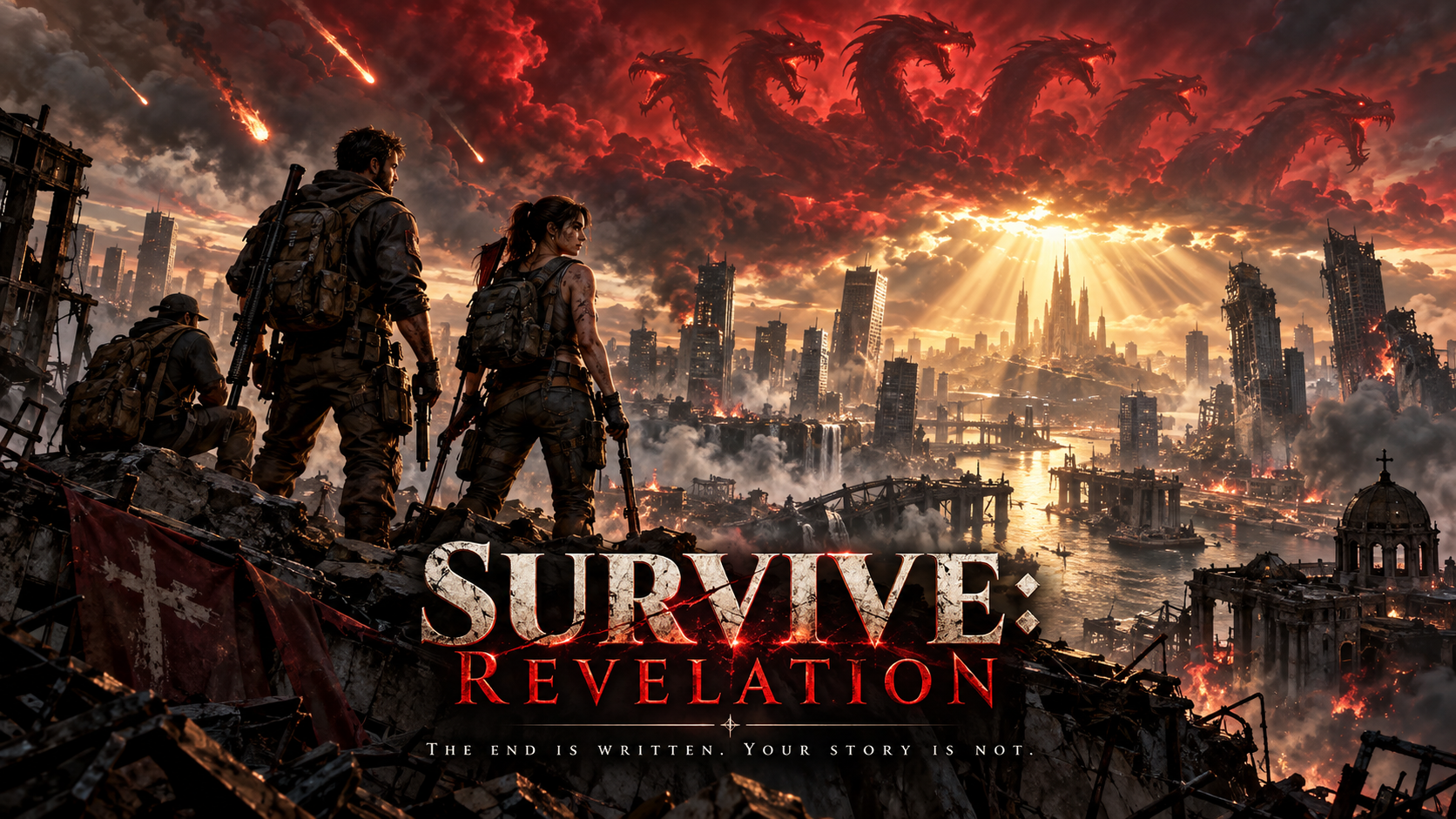 Survivors stand in a ruined, rain-slick city beneath scarlet storm clouds as shafts of golden light break through